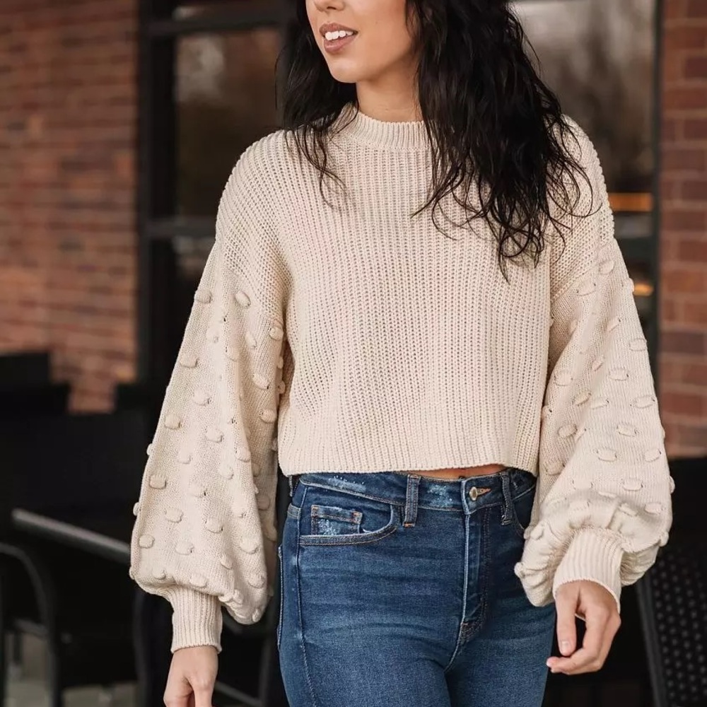 Favlux Bubble Sleeve Cropped Knit Sweater
